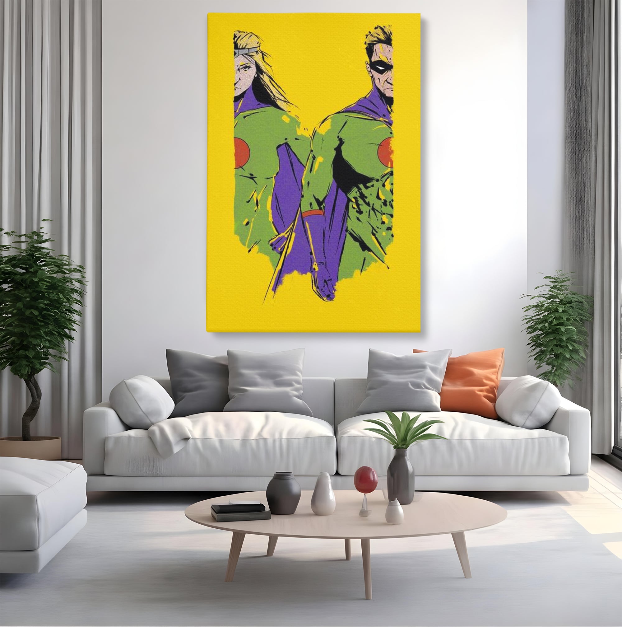 Tablou canvas cu tablou canvas cu doi supereroi pe fundal galben, fara rama, pe sasiu de lemn, pe perete intr-un living
